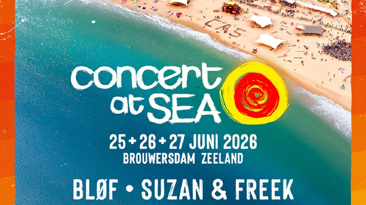 Headerfoto van Concert at SEA 2026 met zomerse festivalstijl, verwijzing naar de line-up, festivaldata (25–27 juni) en locatie aan de Brouwersdam.