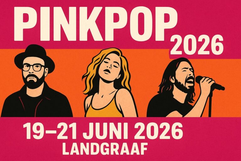 Illustratieve weergave van Pinkpop 2025 met kleurrijke artiestenportretten en festivalenergie.