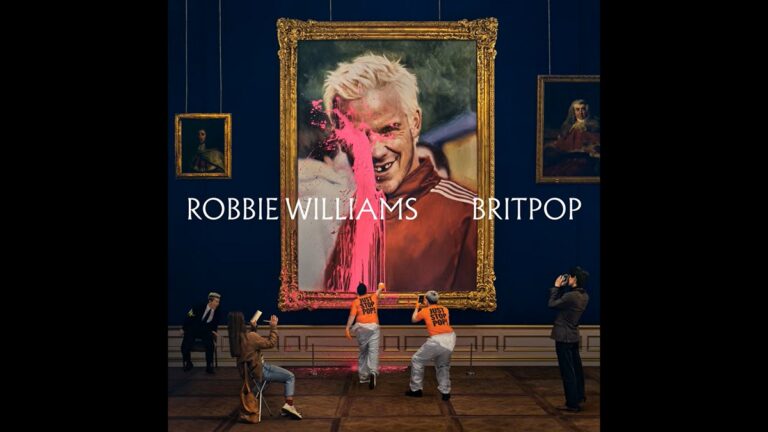 Albumcover van BRITPOP van Robbie Williams met kleurrijke typografie en de zanger op de achtergrond