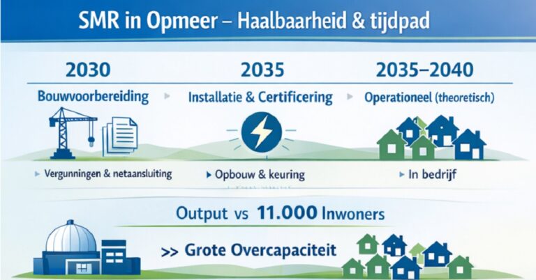Infographic over SMR kosten en haalbaarheid in Opmeer, met tijdlijn 2030–2040, technische stappen (bouwvoorbereiding, installatie, operationeel) en vergelijking van energie-output met lokale vraag, benadrukt overcapaciteit.