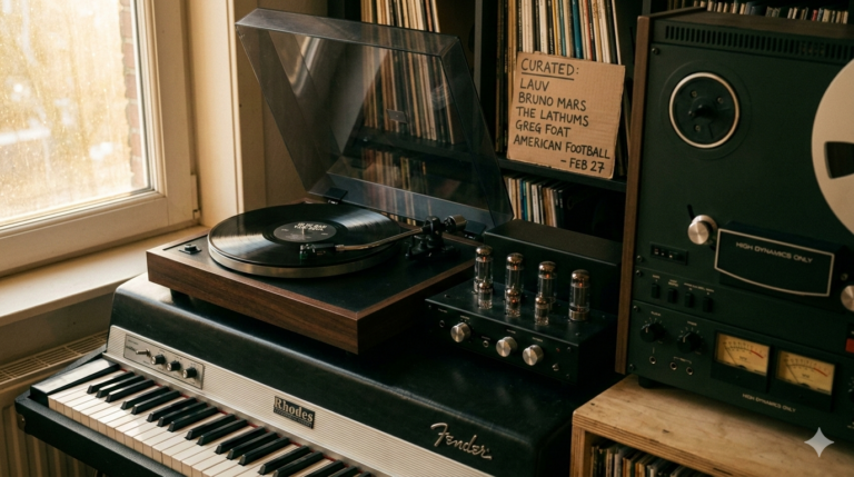Nieuwe muziek releases 2026 gepresenteerd in een sfeervolle analoge studio met vinyl en een Fender Rhodes.