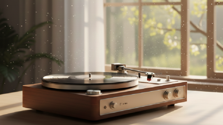 lente soundtrack: Nieuwe muziek onttdekken: platenspeler bij het raam in voorjaarslicht