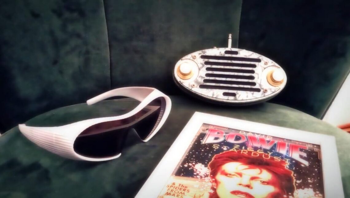 Mama Loo Ziggy: attributen zoals futuristische bril, radio en Ziggy Stardust poster