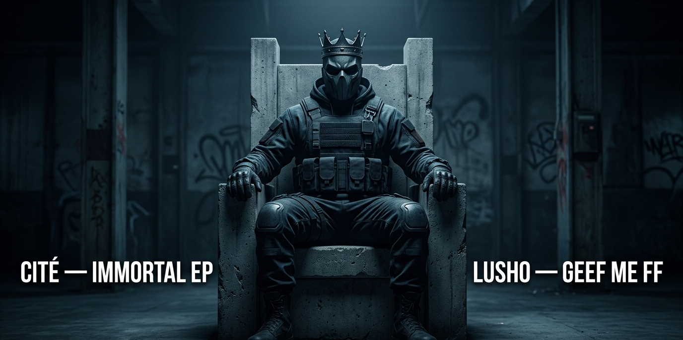 Nieuwe NL Hiphop releases april 2026: Artwork voor NL Hiphop releases april 2026 met Cité Immortal EP en Lusho Geef Me FF mixtape